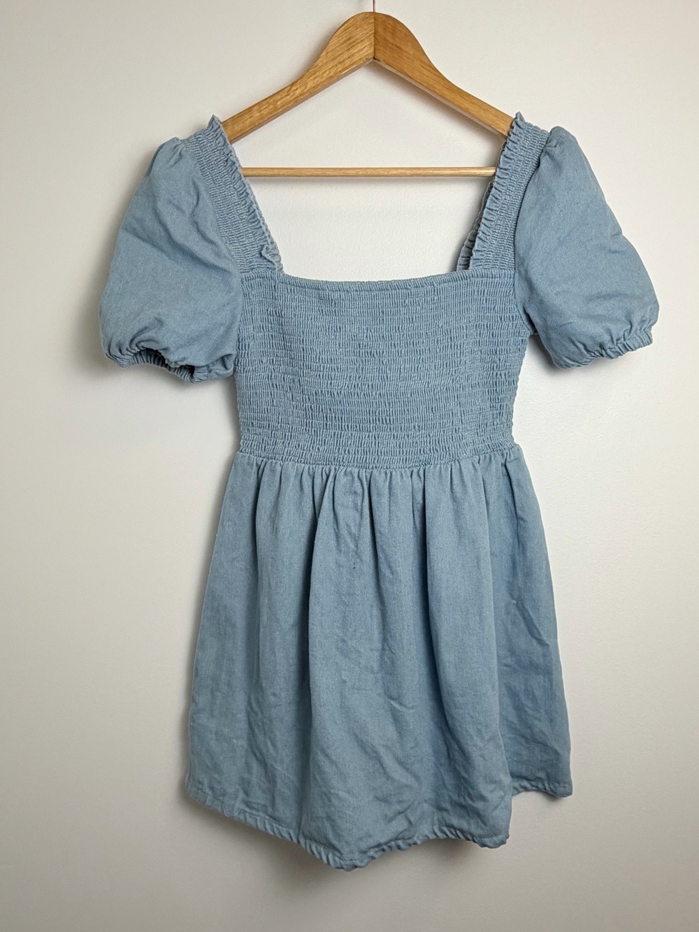 cottagecore chambray smocked puff sleeve mini dress